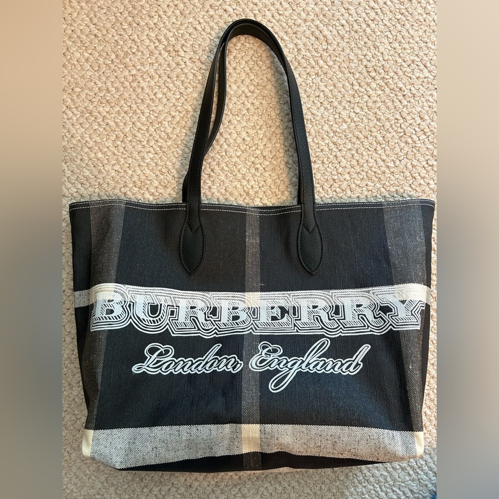 Burberry Coated Canvas Mega Check Medium Doodle Tote Black White